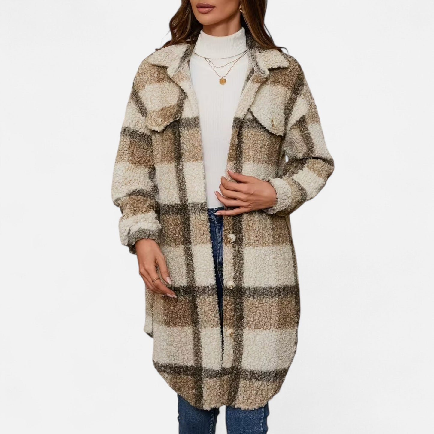 Premium Women's Plaid Fuzzy Jacket – Smart Button-Front Longline Coat for Stylish Winter Warmth and Comfort | Premium Comfort Home & Lifestyle Product UK