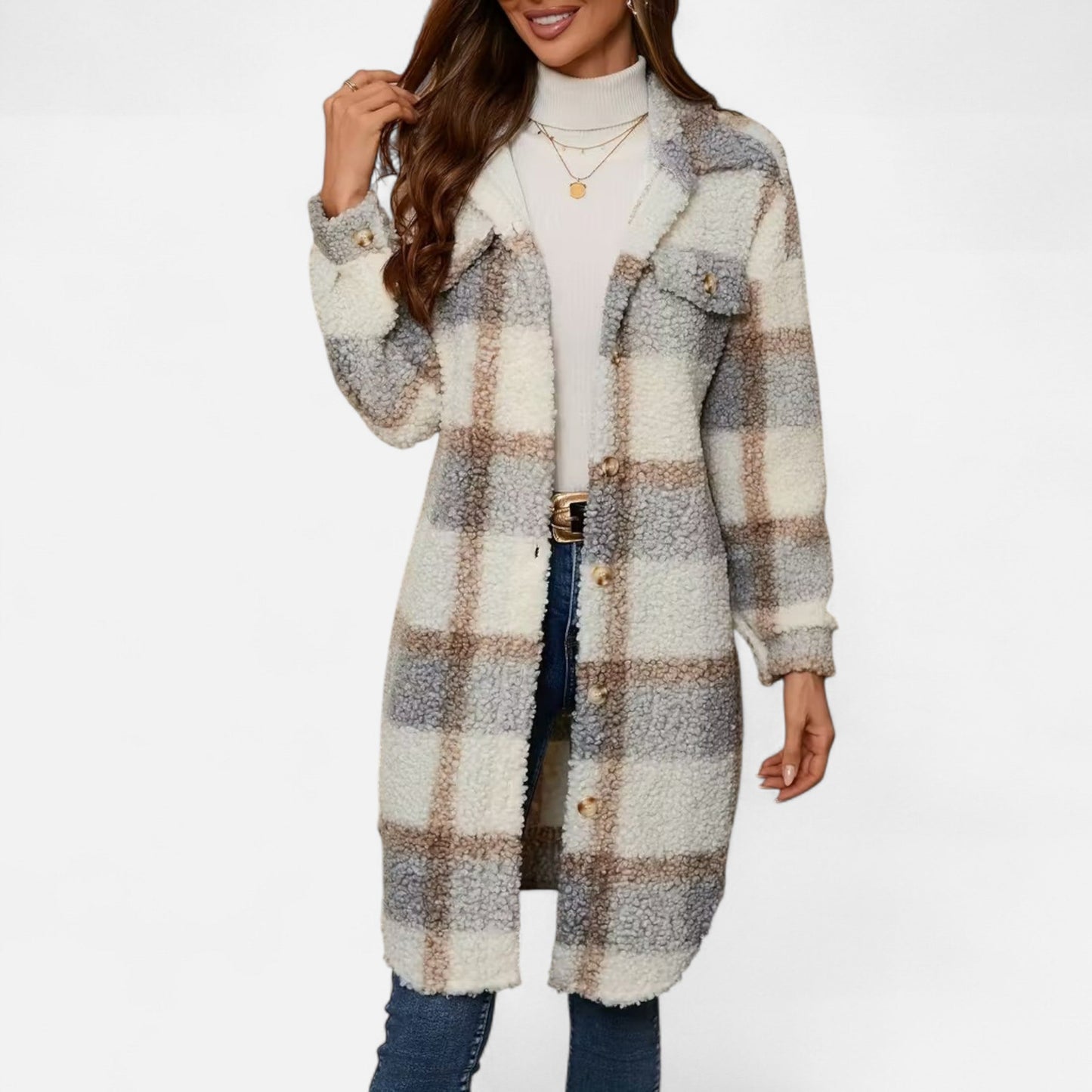 Premium Women's Plaid Fuzzy Jacket – Smart Button-Front Longline Coat for Stylish Winter Warmth and Comfort | Premium Comfort Home & Lifestyle Product UK