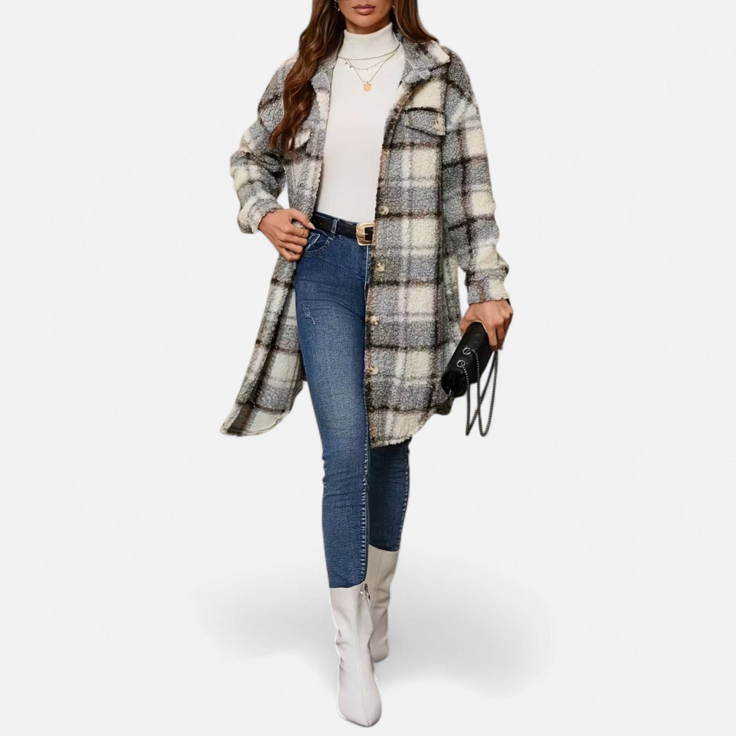 Premium Women's Plaid Fuzzy Jacket – Smart Button-Front Longline Coat for Stylish Winter Warmth and Comfort | Premium Comfort Home & Lifestyle Product UK