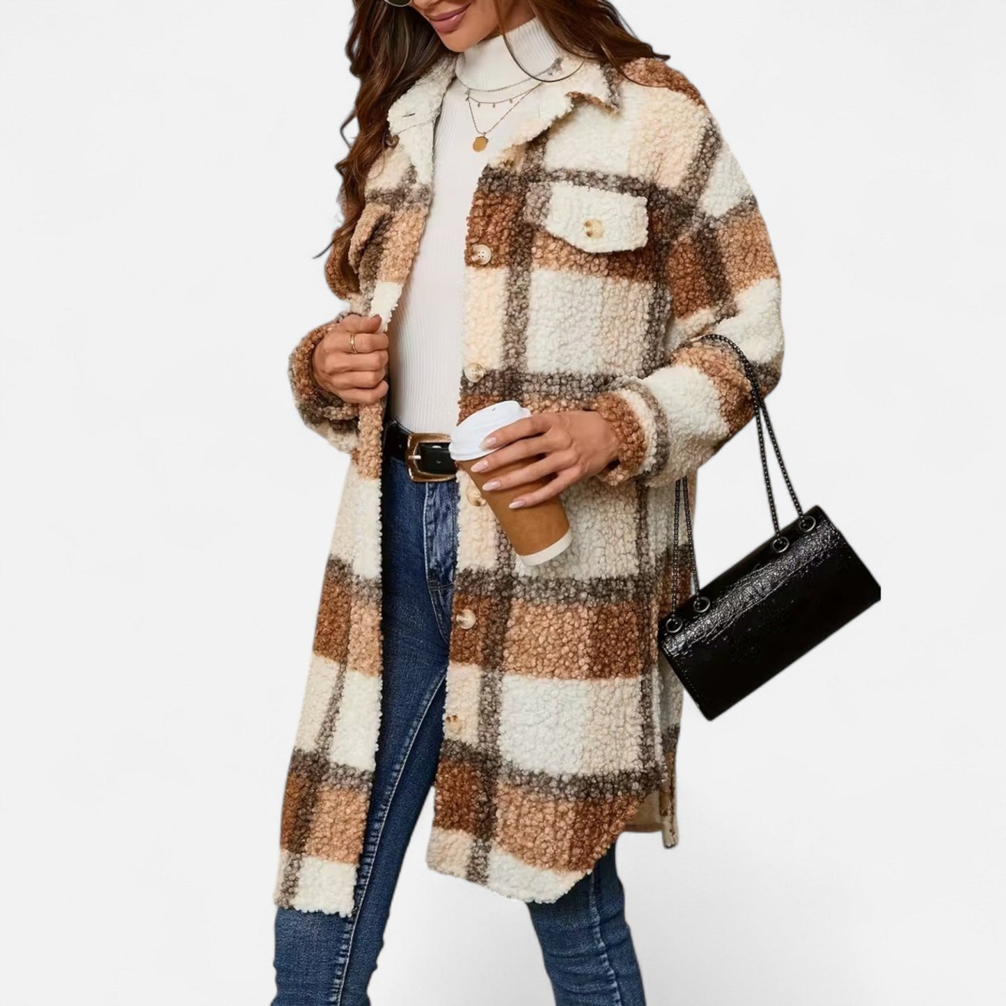 Premium Women's Plaid Fuzzy Jacket – Smart Button-Front Longline Coat for Stylish Winter Warmth and Comfort | Premium Comfort Home & Lifestyle Product UK