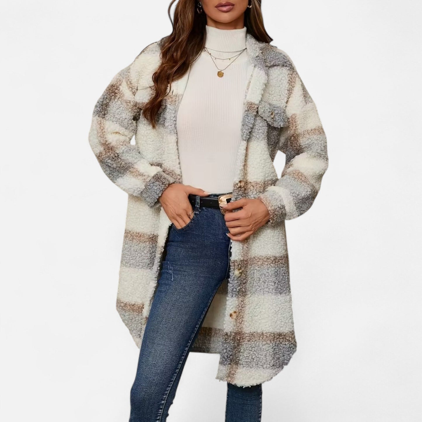 Premium Women's Plaid Fuzzy Jacket – Smart Button-Front Longline Coat for Stylish Winter Warmth and Comfort | Premium Comfort Home & Lifestyle Product UK
