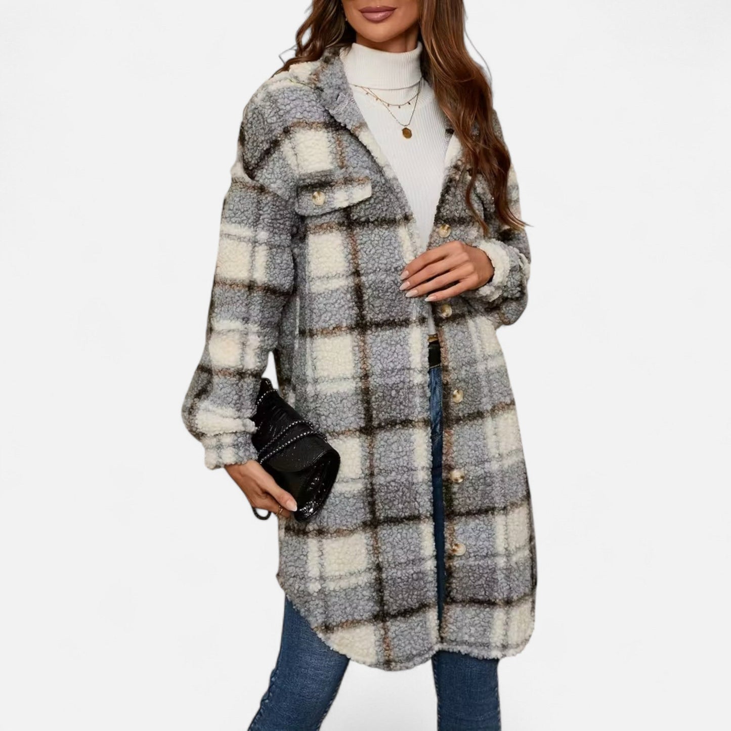 Premium Women's Plaid Fuzzy Jacket – Smart Button-Front Longline Coat for Stylish Winter Warmth and Comfort | Premium Comfort Home & Lifestyle Product UK